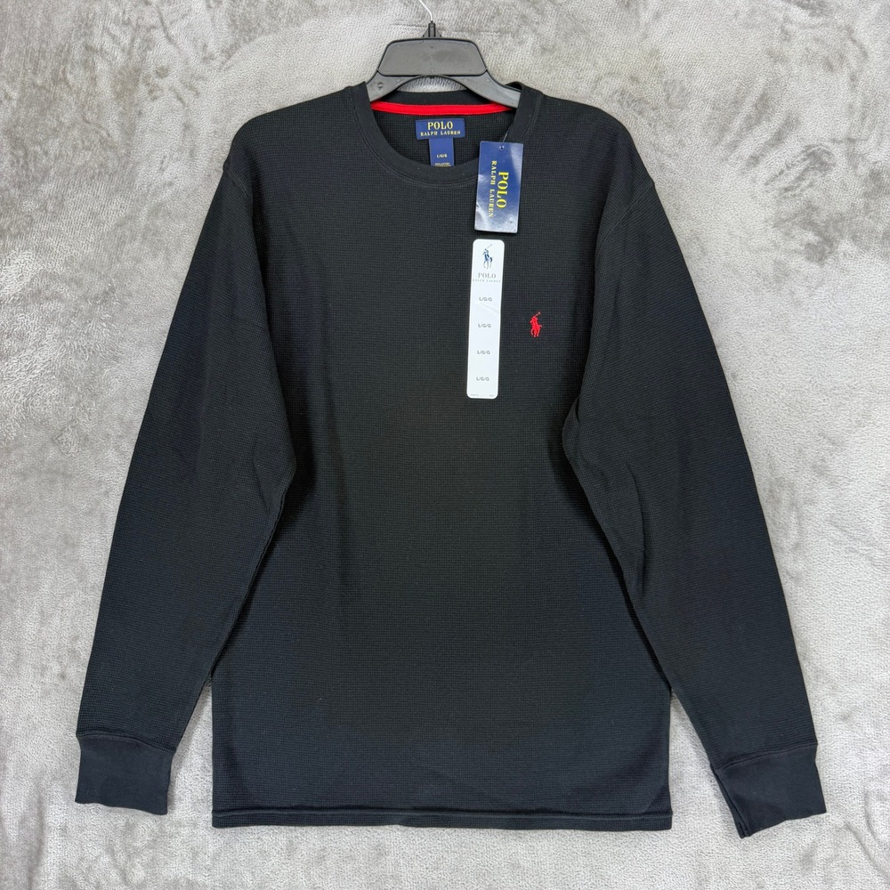 Polo Ralph Lauren Waffle Knit Thermal Shirt Mens Large Black Long Sleeve Cotton